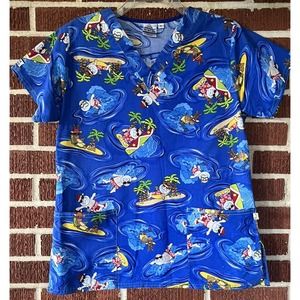 Banana Scrubs Blue Santa and Reindeer On the Beach 100% Cotton Scrub Top Sz Sm